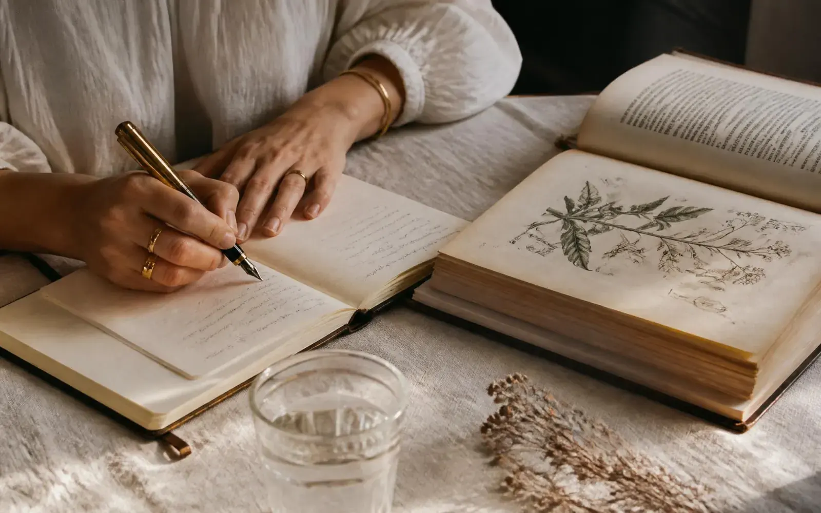 Hands writing case notes beside an open botanical reference book on linen